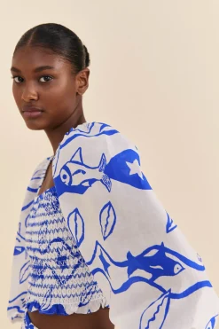 FARM Rio Off-White Pitta Waves Smocked Blouse Hot