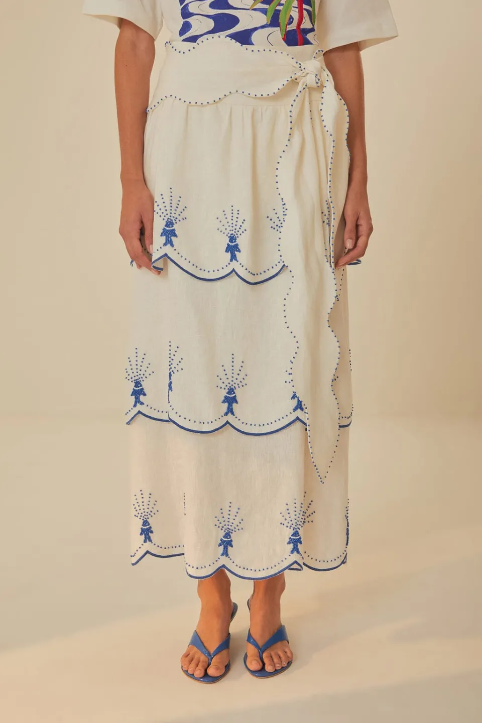 FARM Rio Off-White Sea Of Fish Embroidered Midi Skirt Sale