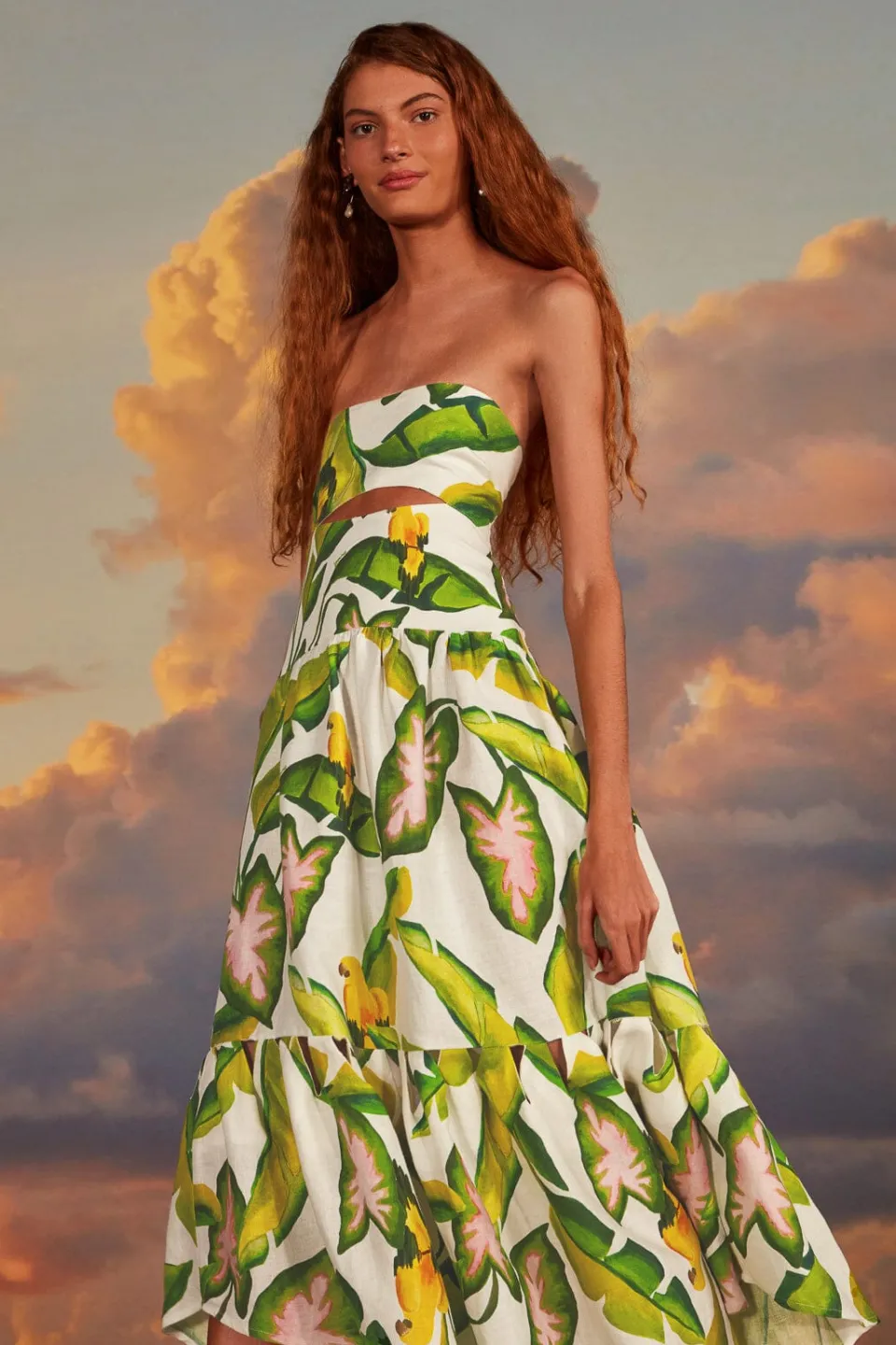 FARM Rio Off-White Summer Foliage Euroflax™ Premium Linen Midi Dress Best