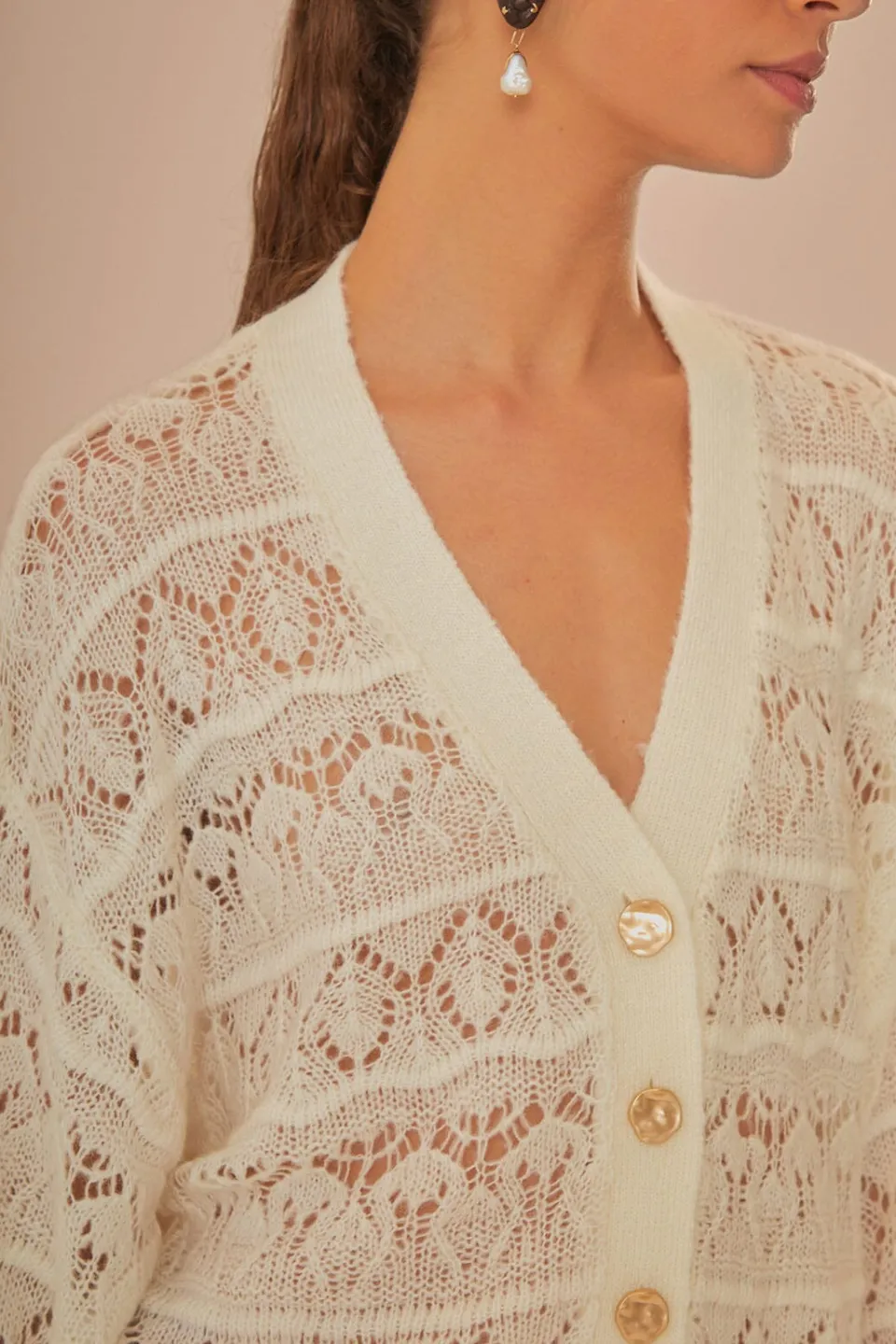 FARM Rio Off-White Textured Knit Cardigan New