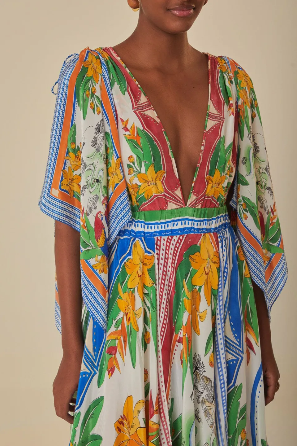 FARM Rio Off-White Tropical Destination Kimono Sleeve Midi Dress Best