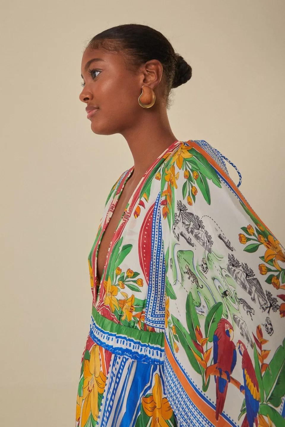 FARM Rio Off-White Tropical Destination Kimono Sleeve Midi Dress Best