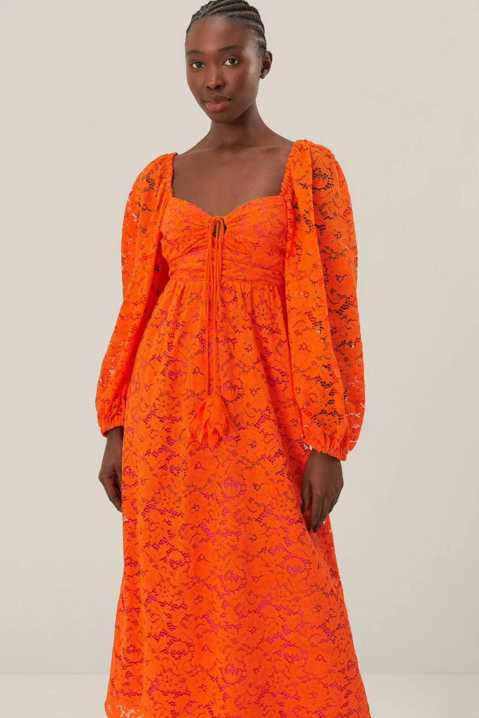 FARM Rio Orange Lace Long Sleeve Midi Dress Best