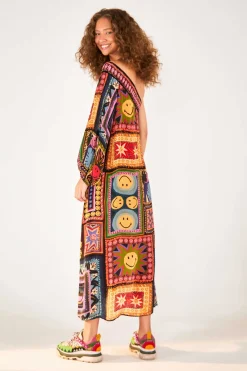 FARM Rio Patchwork Tapestry Smiley® One Shoulder Midi Dress Clearance