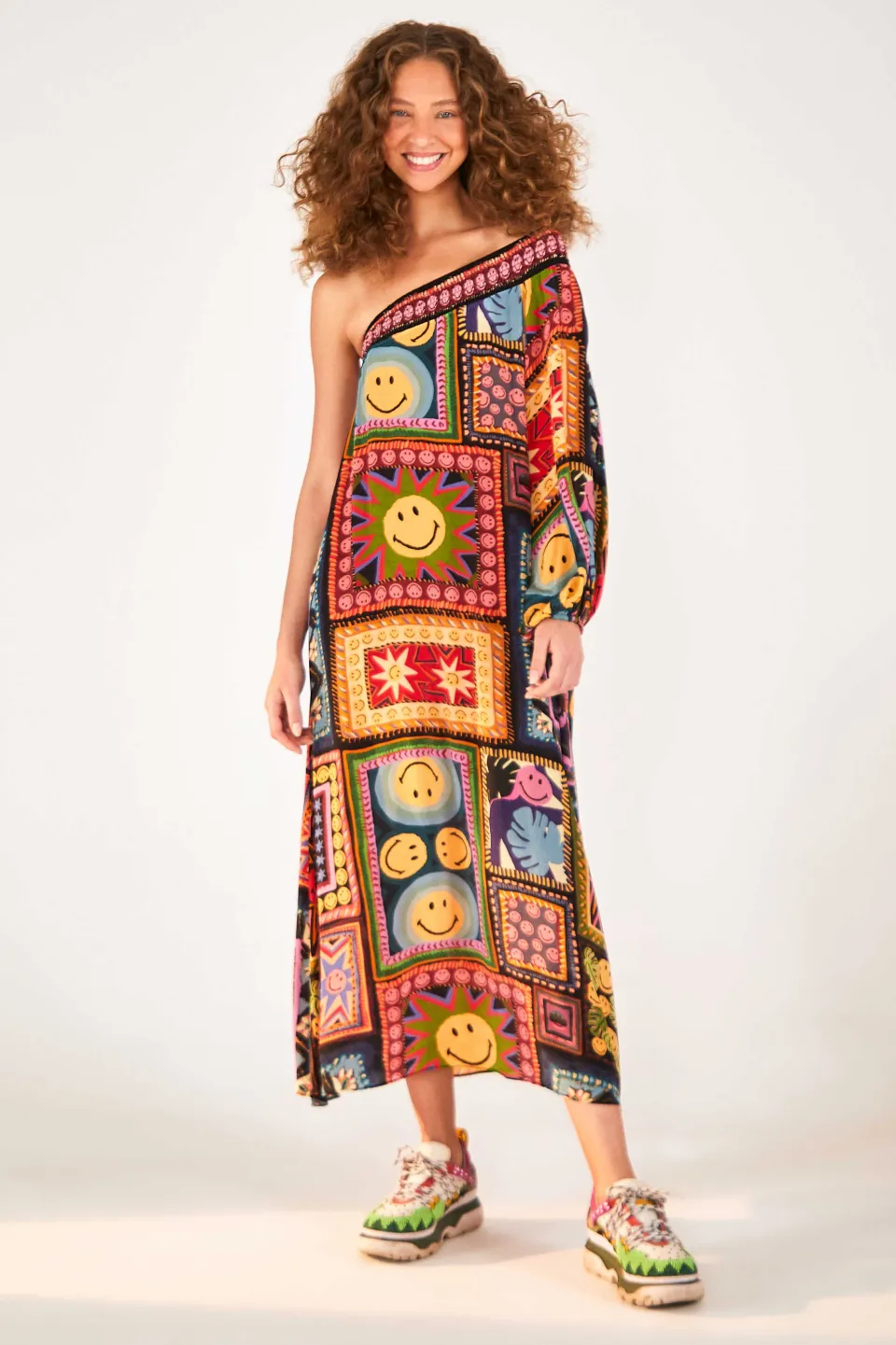 FARM Rio Patchwork Tapestry Smiley® One Shoulder Midi Dress Clearance