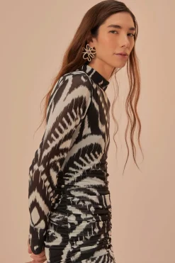 FARM Rio Pineapple Ikat Black Tulle Midi Dress Hot