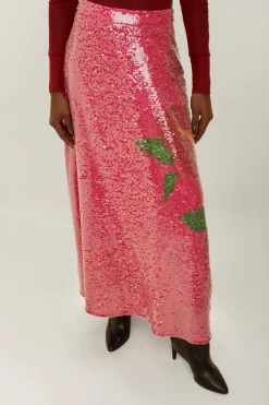 FARM Rio Pink Anthurium Flowers Sequins Midi Skirt Clearance
