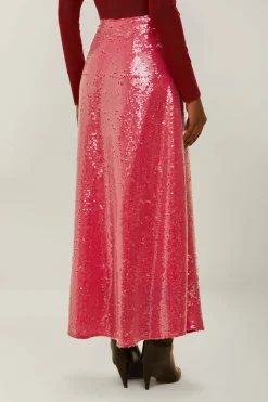 FARM Rio Pink Anthurium Flowers Sequins Midi Skirt Clearance