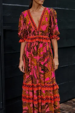 FARM Rio Pink Croco Short Sleeve Maxi Dress