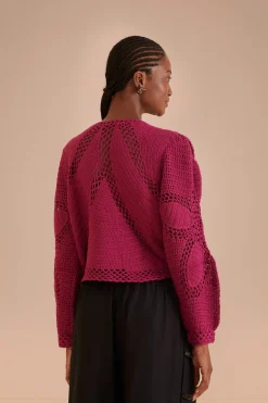 FARM Rio Pink Flower Draw Crochet Cardigan Best