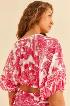 FARM Rio Pink Tropical Woodcut Crop Top Hot