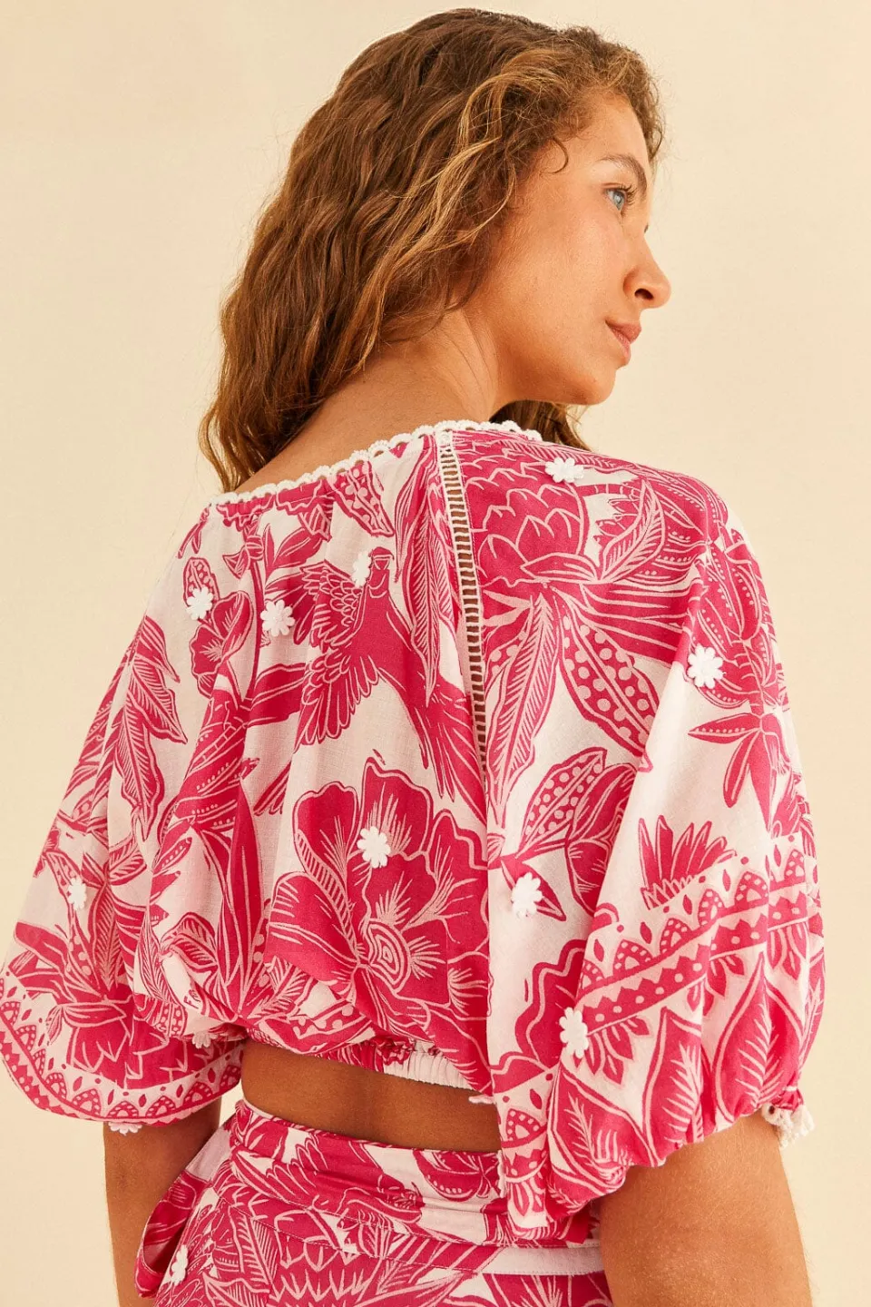 FARM Rio Pink Tropical Woodcut Crop Top Hot