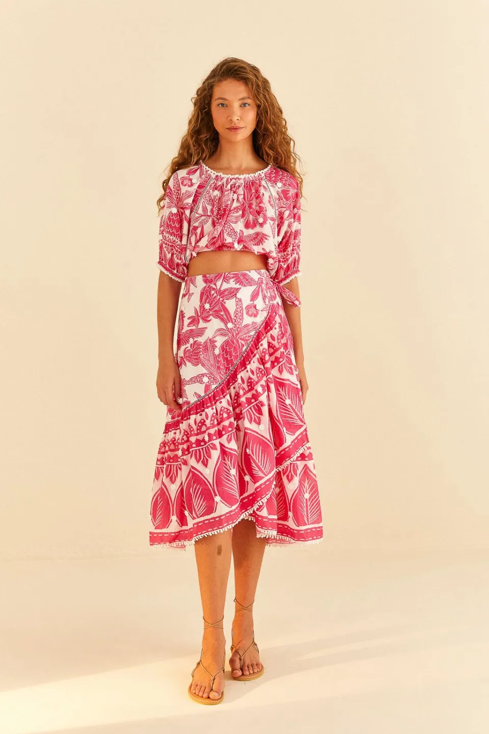 FARM Rio Pink Tropical Woodcut Crop Top Hot
