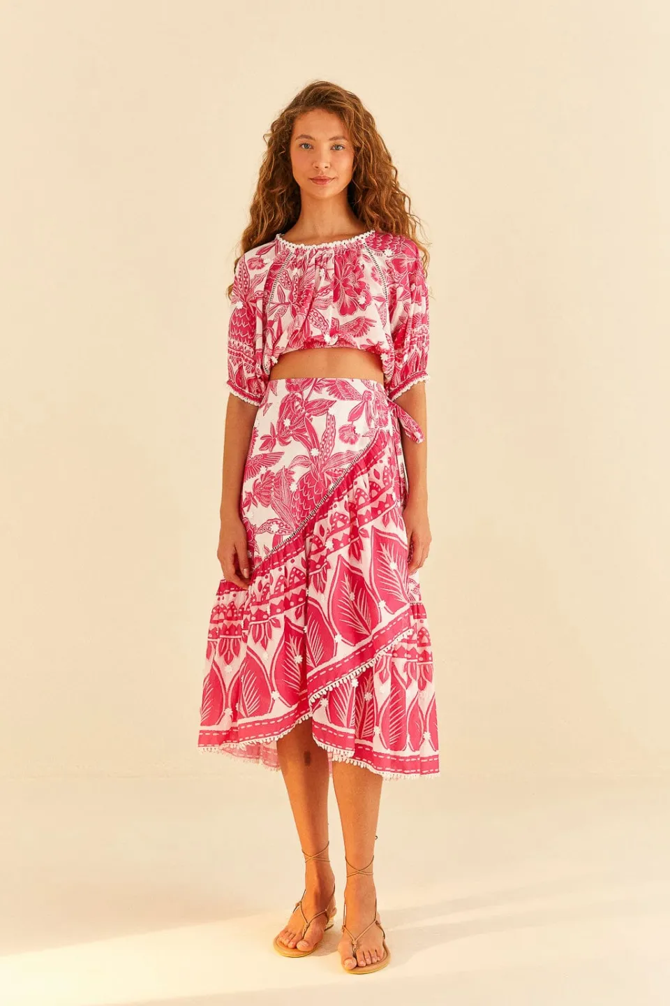 FARM Rio Pink Tropical Woodcut Midi Skirt Discount