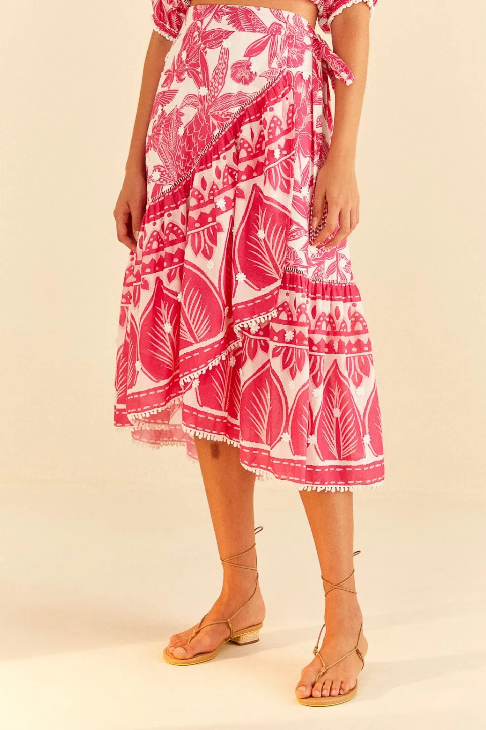 FARM Rio Pink Tropical Woodcut Midi Skirt Discount