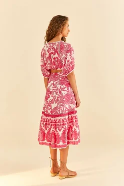 FARM Rio Pink Tropical Woodcut Midi Skirt Discount