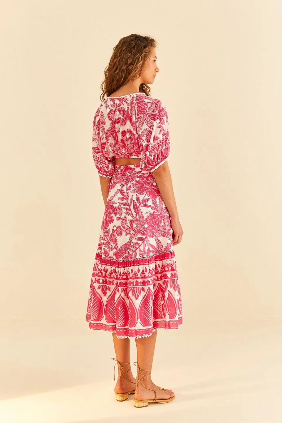 FARM Rio Pink Tropical Woodcut Midi Skirt Discount