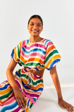 FARM Rio Puff Sleeve Crop Top | Dancing Stripes Print Outlet
