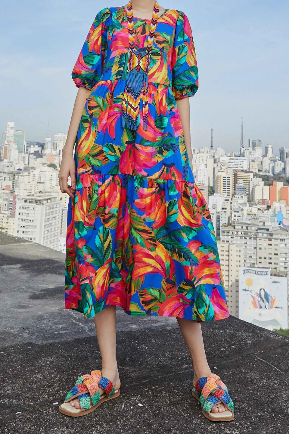 FARM Rio Puff Sleeve MIDI DRESS | Blue Bananamix Print Clearance