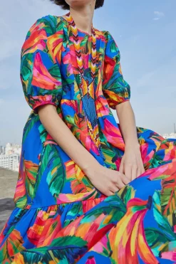 FARM Rio Puff Sleeve MIDI DRESS | Blue Bananamix Print Clearance