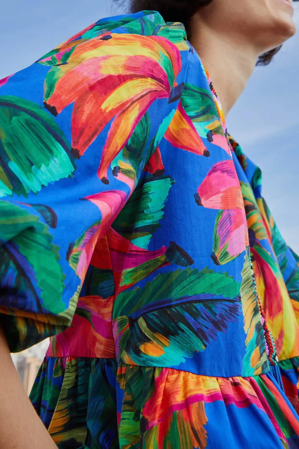 FARM Rio Puff Sleeve MIDI DRESS | Blue Bananamix Print Clearance