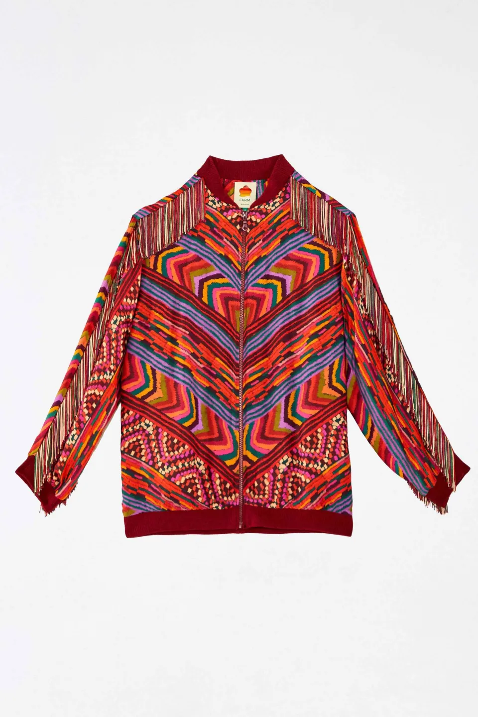 FARM Rio RED BOMBER JACKET | Striped Patches Print Sale