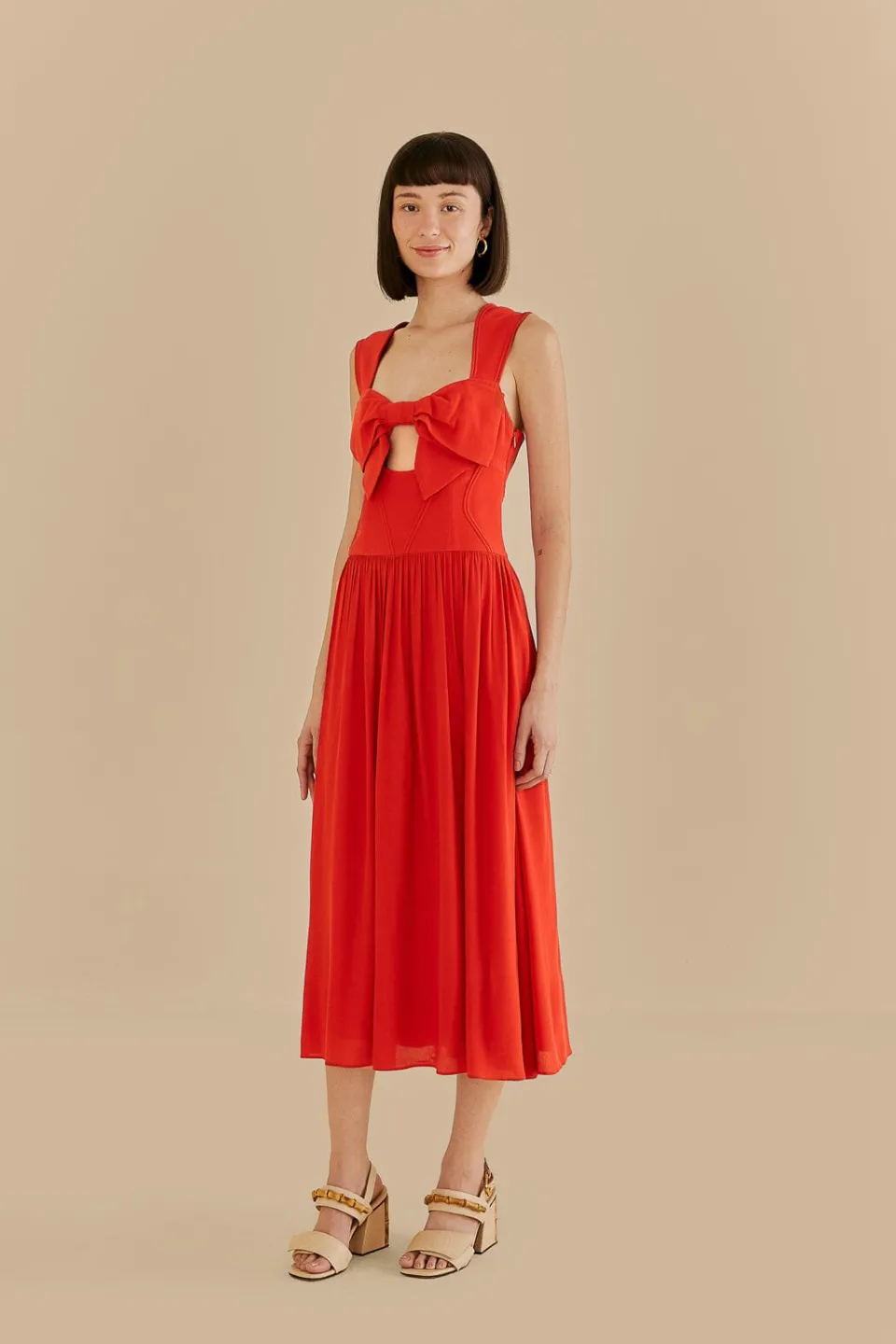 FARM Rio Red Bow Sleeveless Midi Dress Outlet