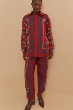 FARM Rio Red Floral Embroidery Jacquard Pants