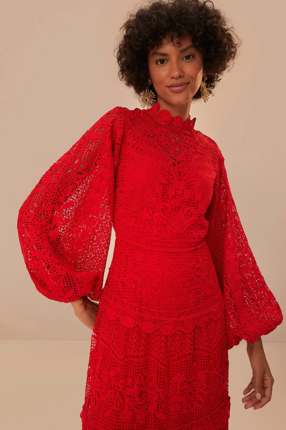 FARM Rio Red Guipire Long Sleeve Maxi Dress Online