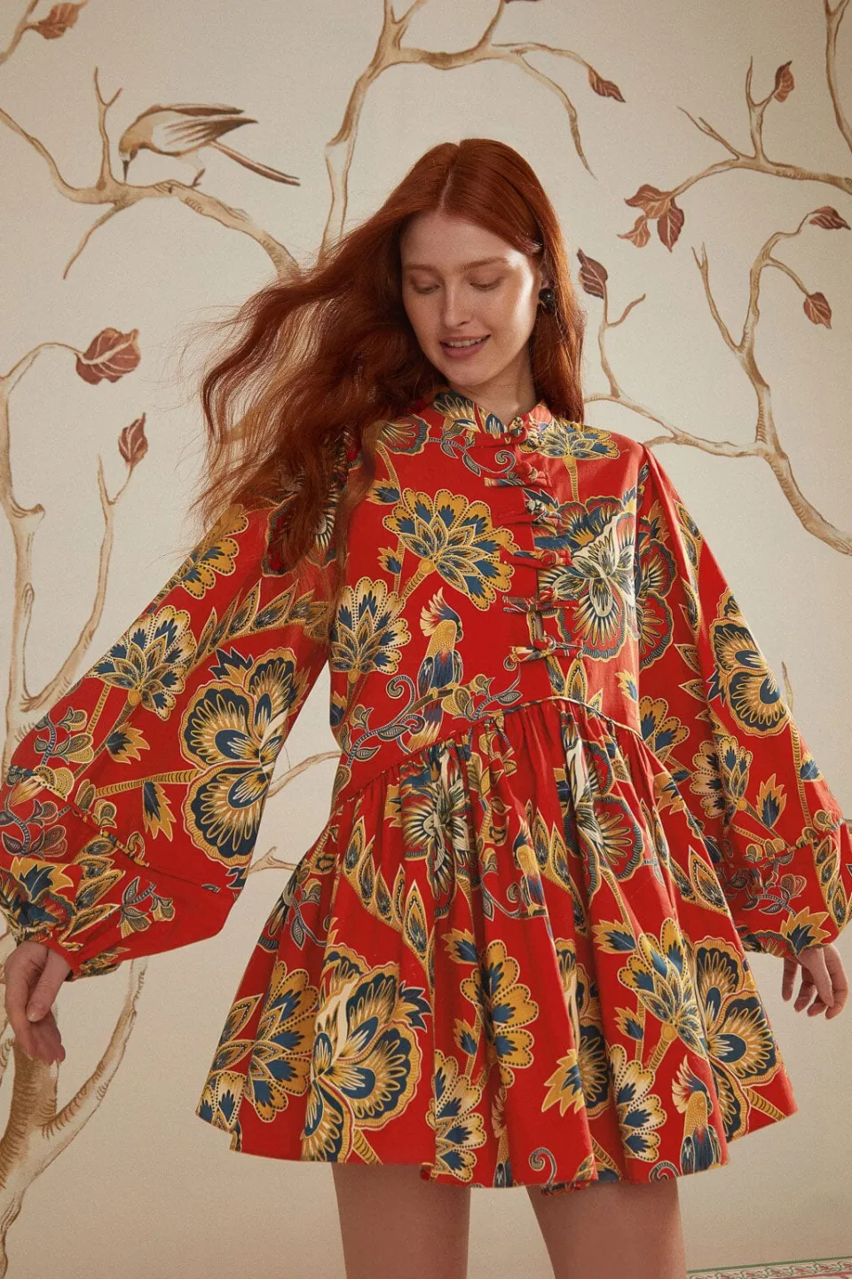 FARM Rio Red Maxi Floral Long Sleeve Mini Dress Best
