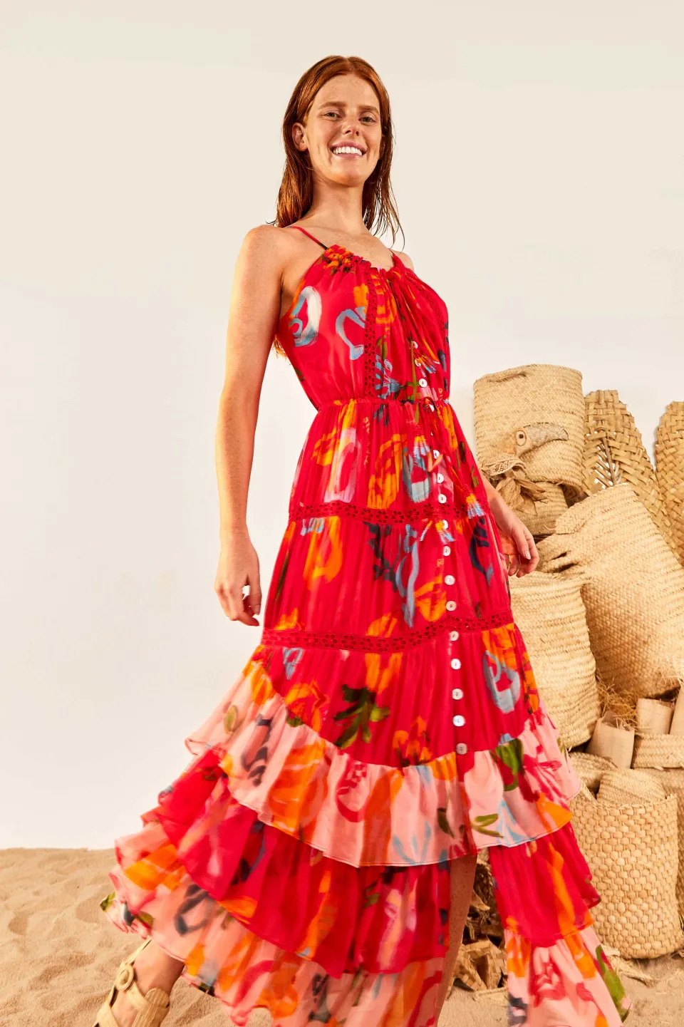 FARM Rio Red Mixed Fruits Ocean Maxi Dress New