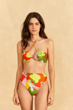 FARM Rio Red Neon Floral Halter Neck Bikini Top New
