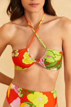 FARM Rio Red Neon Floral Halter Neck Bikini Top New