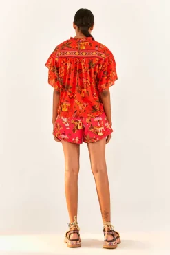 FARM Rio Red Secret Garden Organic Cotton Blouse New