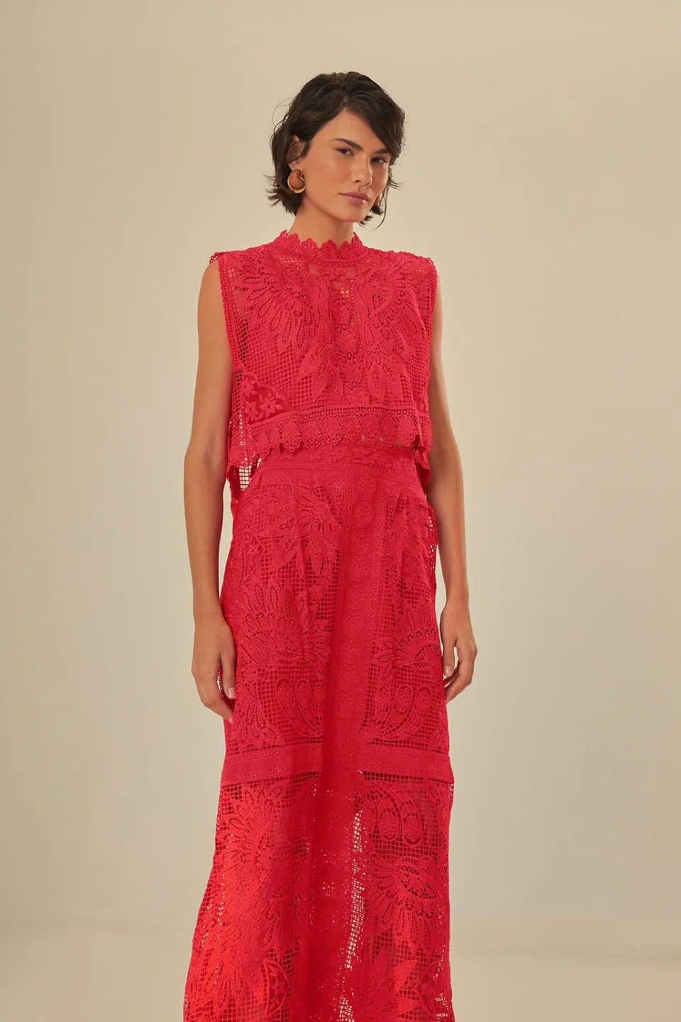 FARM Rio Red Toucan Guipure Midi Skirt Online