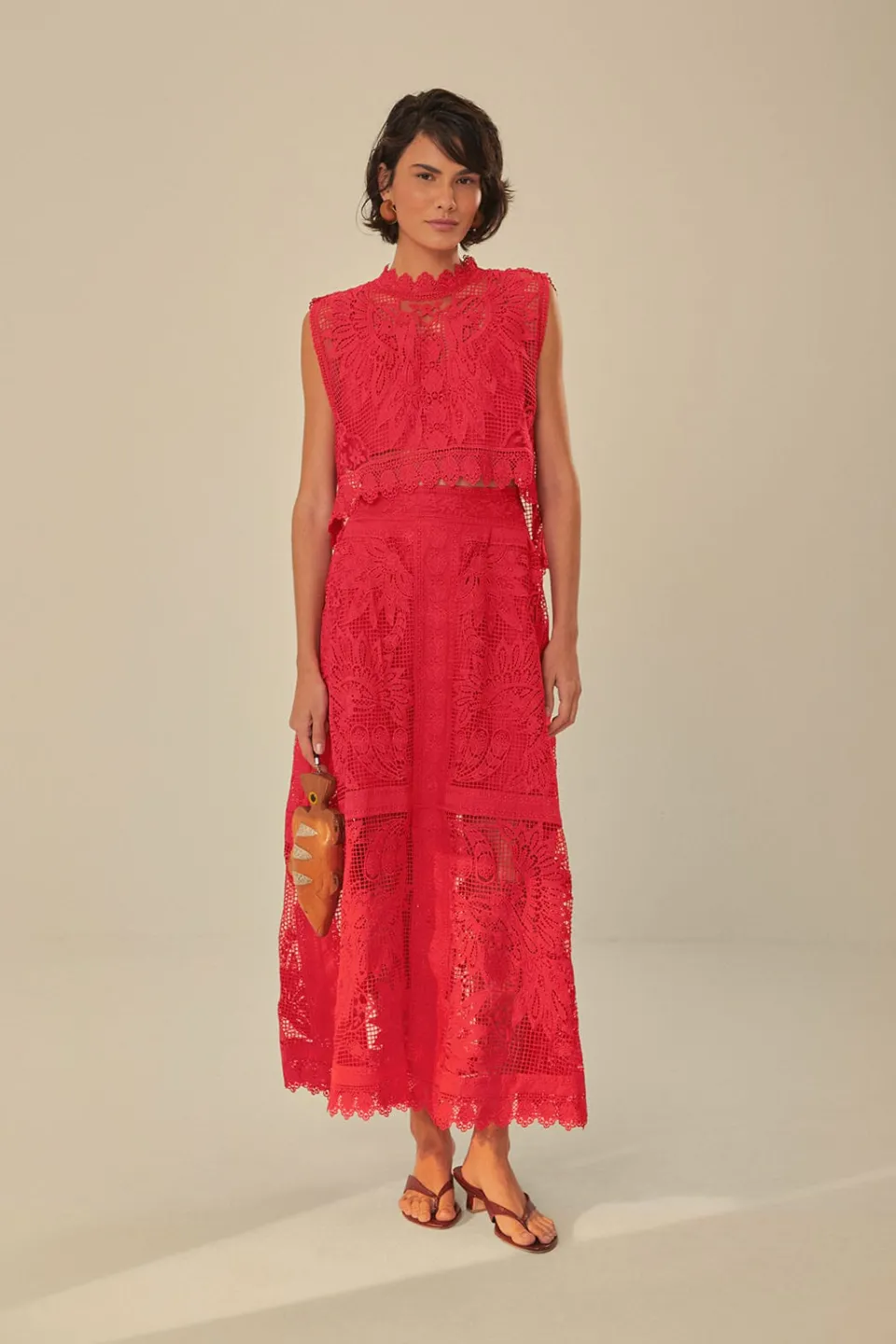 FARM Rio Red Toucan Guipure Sleeveless Top Discount