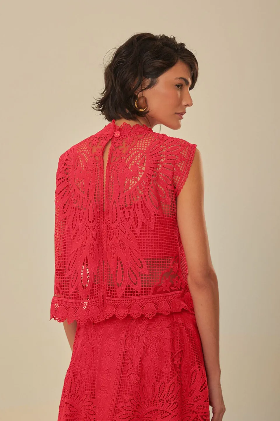 FARM Rio Red Toucan Guipure Sleeveless Top Discount