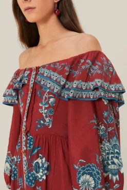 FARM Rio Red Tropical Landing Off Shoulder Maxi Dress Sale