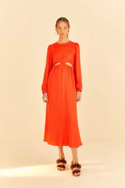 FARM Rio Red Viscose Satin Midi Dress Discount