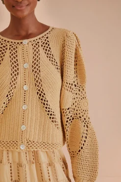 FARM Rio Sand Flower Draw Crochet Cardigan Clearance