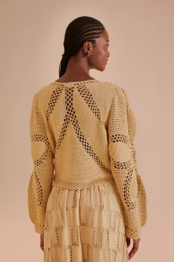 FARM Rio Sand Flower Draw Crochet Cardigan Clearance