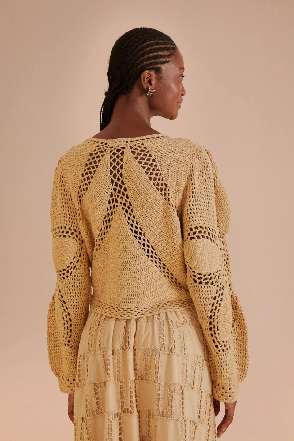 FARM Rio Sand Flower Draw Crochet Cardigan Clearance