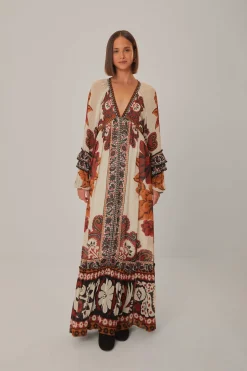 FARM Rio Sand Winter Tapestry V Neck Maxi Dress Discount