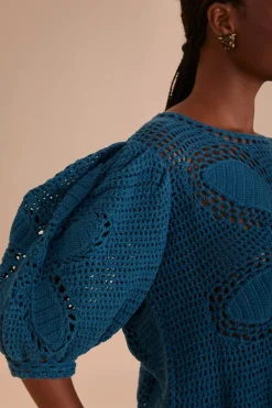 FARM Rio Teal Flower Draw Crochet Blouse Hot