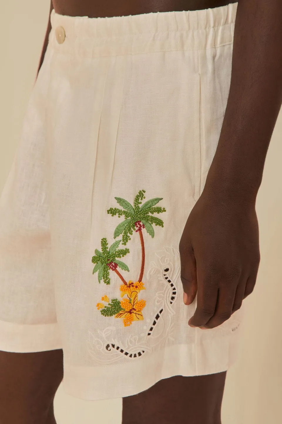 FARM Rio Tropical Destination Embroidered Euroflax™ Premium Linen Shorts Clearance