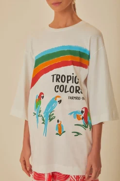 FARM Rio White Tropical Colors Organic Cotton Oversized T-Shirt Outlet