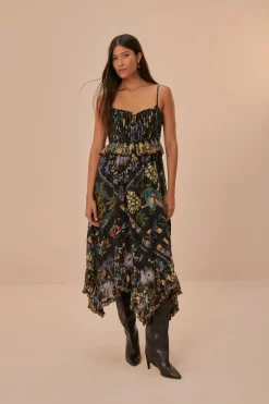 FARM Rio Winter Garden Black Pleated Lace Sleeveless Midi Dress Hot