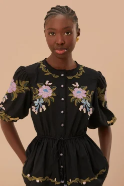 FARM Rio Winter Garden Embroidered Short Sleeve Blouse