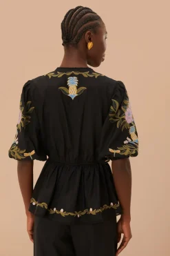 FARM Rio Winter Garden Embroidered Short Sleeve Blouse