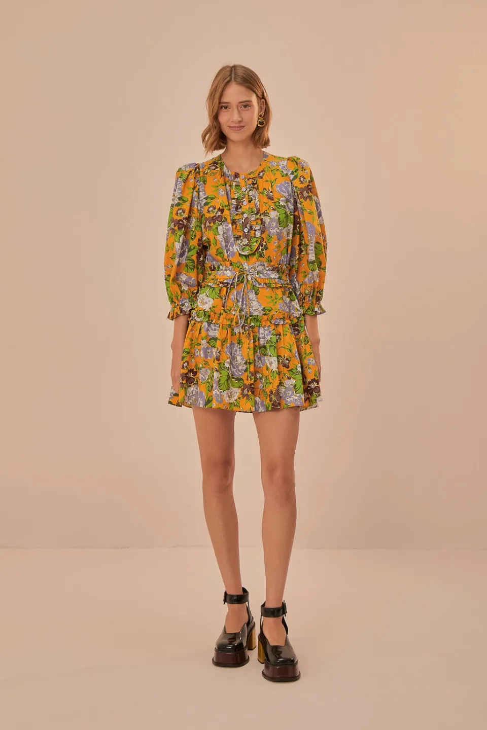 FARM Rio Yellow Capri Floral Short Sleeve Mini Dress Discount
